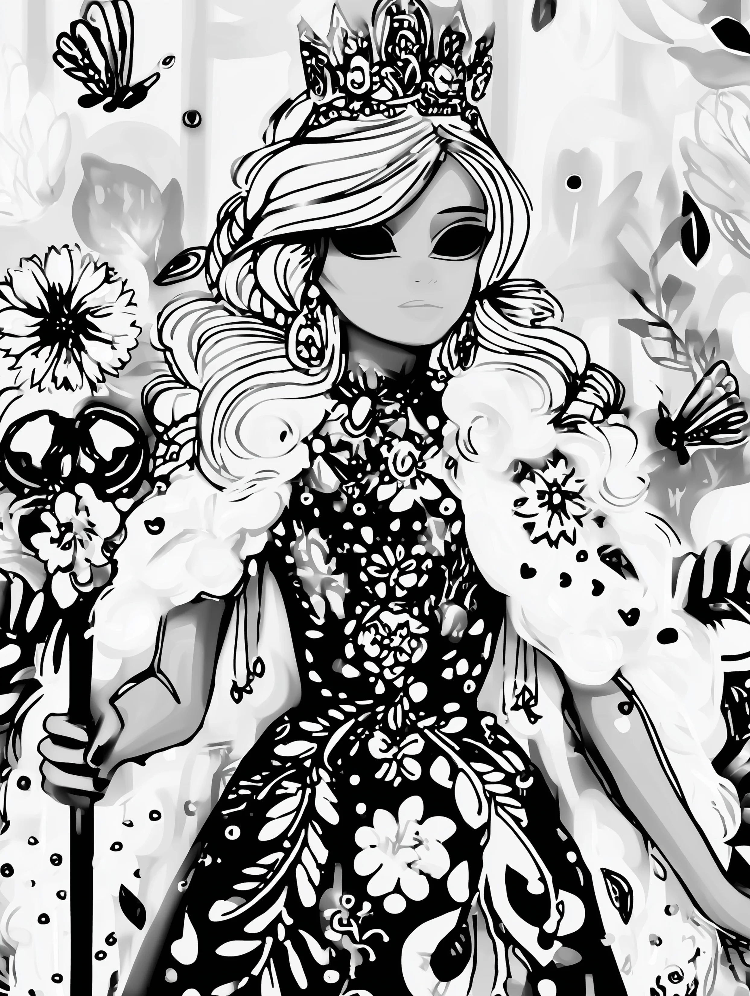 Free printable queen coloring page for adults featuring a glamorous queen holding a sceptre